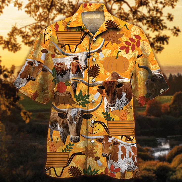 Tx Longhorn Cattle Lovers Orange Nature Autumn Hawaiian Shirt