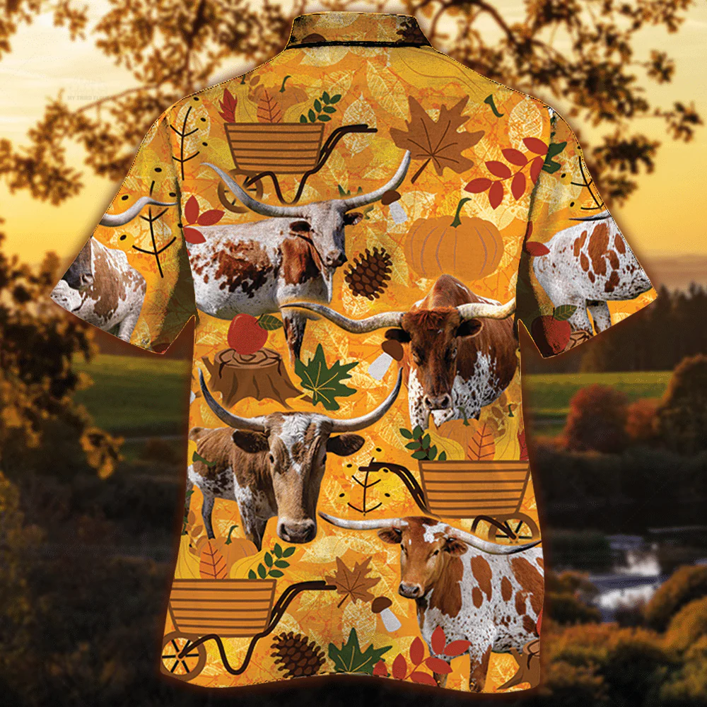 Tx Longhorn Cattle Lovers Orange Nature Autumn Trendy Hawaiian Shirt, Cow Trendy Hawaiian Shirt For Summer Gifts