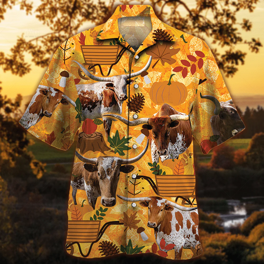 Tx Longhorn Cattle Lovers Orange Nature Autumn Trendy Hawaiian Shirt, Cow Trendy Hawaiian Shirt For Summer Gifts Tx Longhorn Cattle Lovers Orange Nature Autumn Trendy Hawaiian Shirt, Cow Trendy Hawaiian Shirt For Summer Gifts