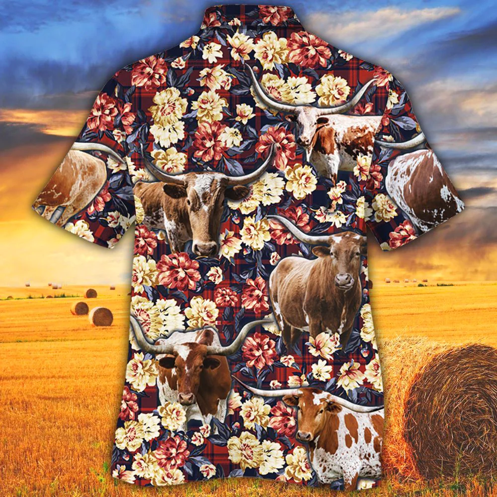 Tx Longhorn Cattle Lovers Red Plaid Pattern Trendy Hawaiian Shirt, Cow Trendy Hawaiian Shirt For Summer Gifts