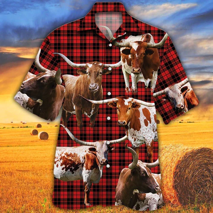 Tx Longhorn Cattle Lovers Red Tartan Pattern Trendy Hawaiian Shirt, Cow Aloha Shirt, Gift For Cow Lovers Tx Longhorn Cattle Lovers Red Tartan Pattern Trendy Hawaiian Shirt, Cow Aloha Shirt, Gift For Cow Lovers