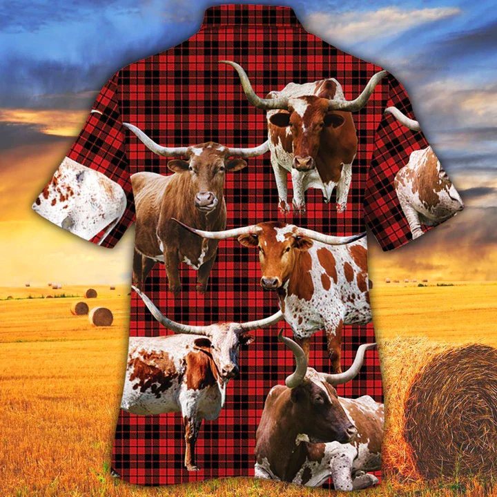 Tx Longhorn Cattle Lovers Red Tartan Pattern Trendy Hawaiian Shirt, Cow Aloha Shirt, Gift For Cow Lovers