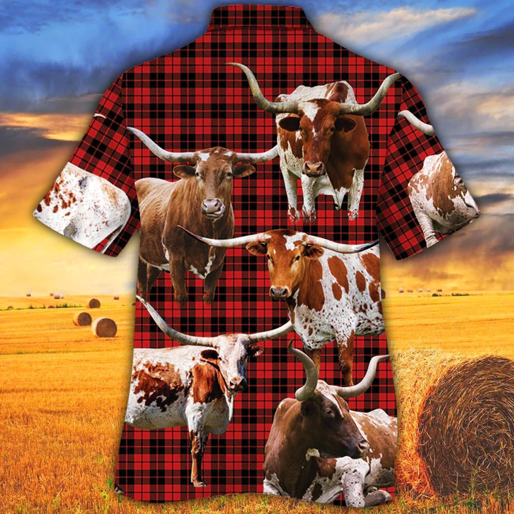 Tx Longhorn Cattle Lovers Red Tartan Pattern Trendy Hawaiian Shirt, Cow Trendy Hawaiian Shirt For Summer Gifts