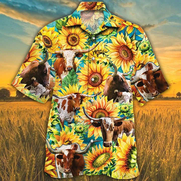 Tx Longhorn Cattle Lovers Sunflower Watercolor Trendy Hawaiian Shirt