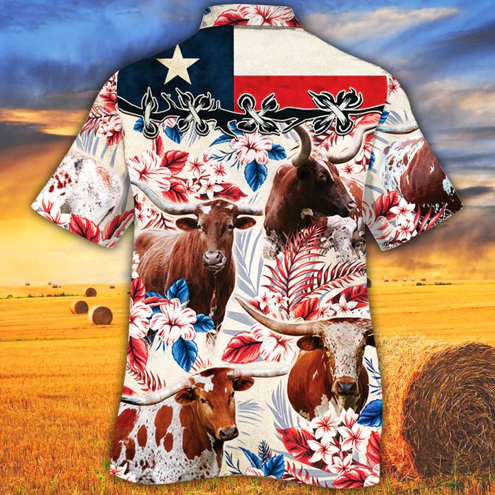Tx Longhorn Cattle Lovers Texas Flag Trendy Hawaiian Shirt, Cow Trendy Hawaiian Shirt Vintage Flower, Trendy Hawaiian Shirt Men, Trendy Hawaiian Shirt Women