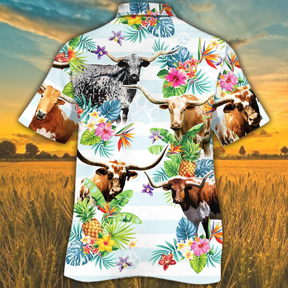 Tx Longhorn Cattle Lovers Tropical Flower Trendy Hawaiian Shirt, Cow Trendy Hawaiian Shirt For Summer Gifts