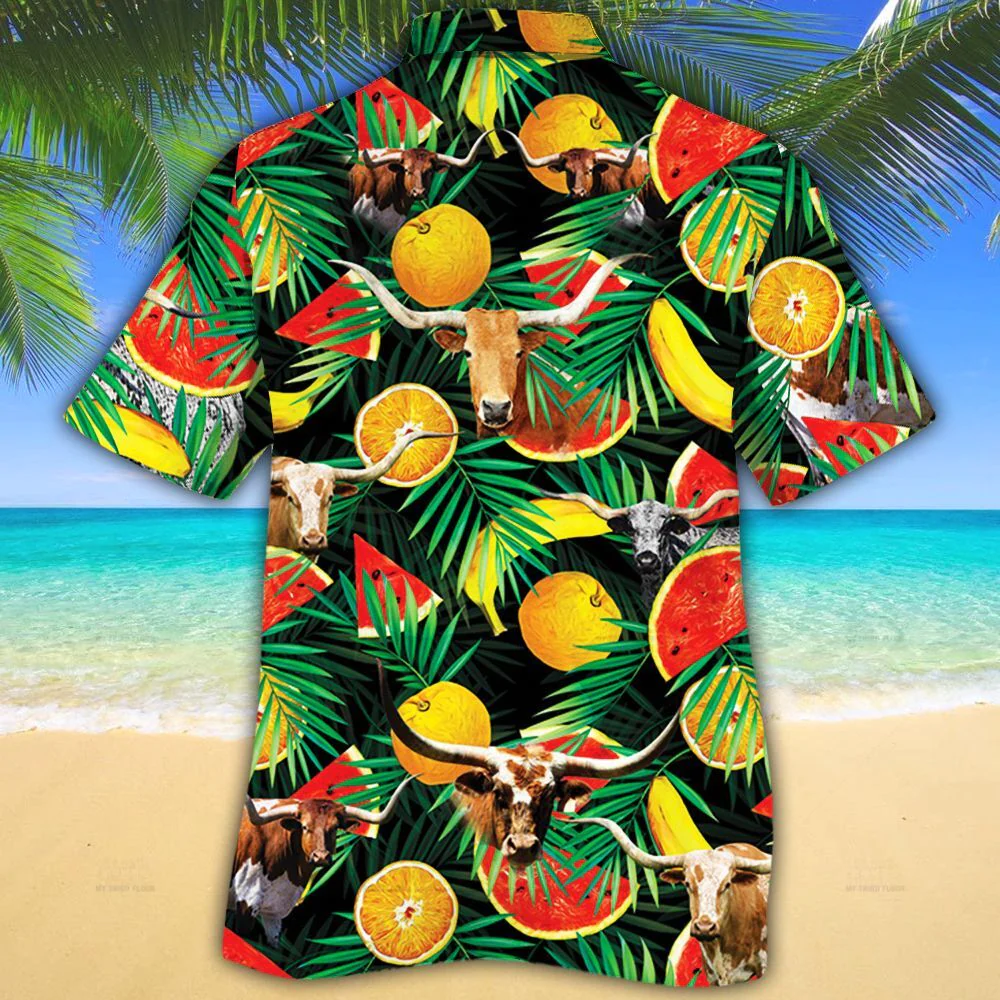 Tx Longhorn Cattle Lovers Tropical Fruits Trendy Hawaiian Shirt, Cow Trendy Hawaiian Shirt For Summer Gifts