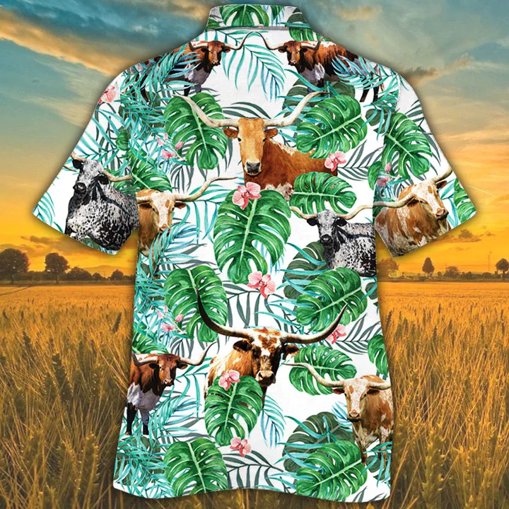 Tx Longhorn Cattle Lovers Tropical Plant Trendy Hawaiian Shirt, Cow Trendy Hawaiian Shirt,