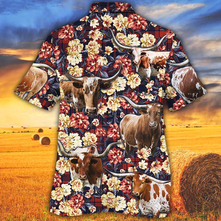 Tx Longhorn Cattle Red Plaid Pattern Trendy Hawaiian Shirt, Cow Trendy Hawaiian Shirt Men, Summer Trendy Hawaiian Shirt, Animal Shirt