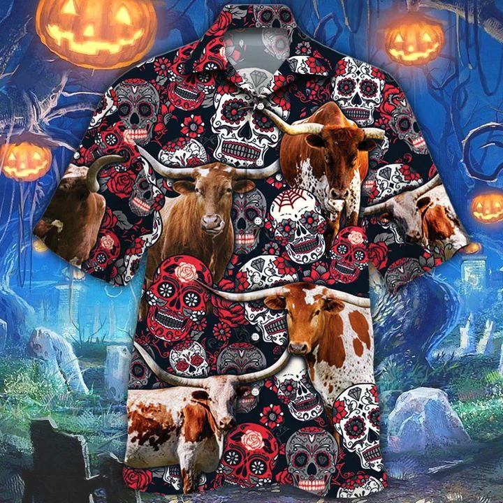 Tx Longhorn Sugar Skull Floral Hawaiian Shirt Cattle Lovers Dream