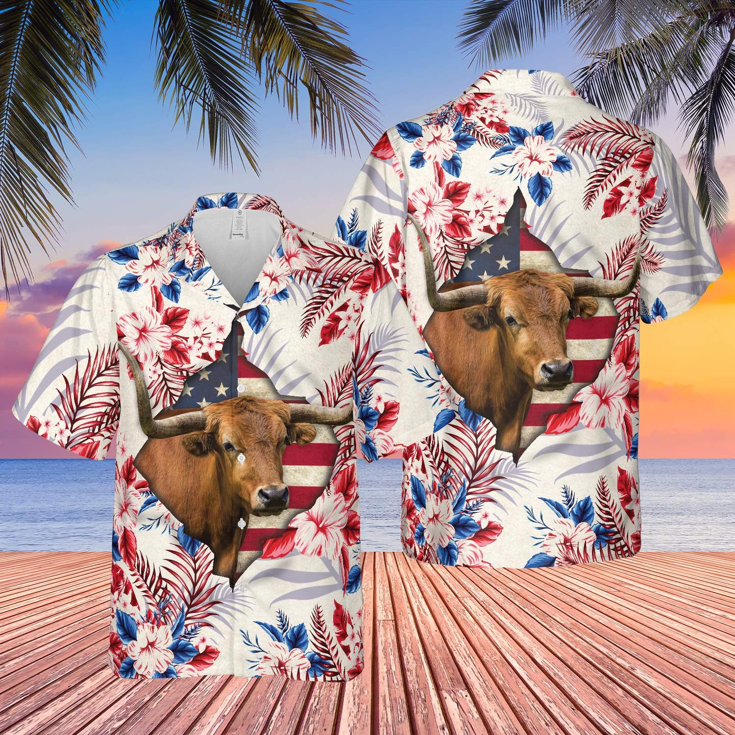 Txlonghorn Face Hibiscus Flower All Over Printed 3D Hawaiian Shirt