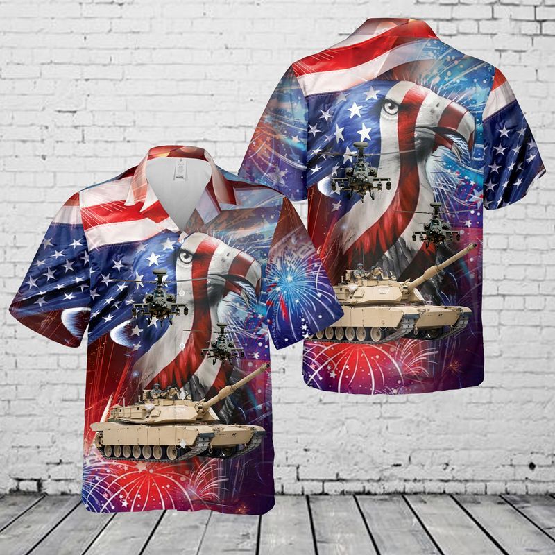 U.S. Army M1 Abrams Main Battle Tank And A Ah-64 Attack Helicopter 4Th Of July Trendy Hawaiian Shirt, Patriotic Trendy Hawaiian Shirt For Men