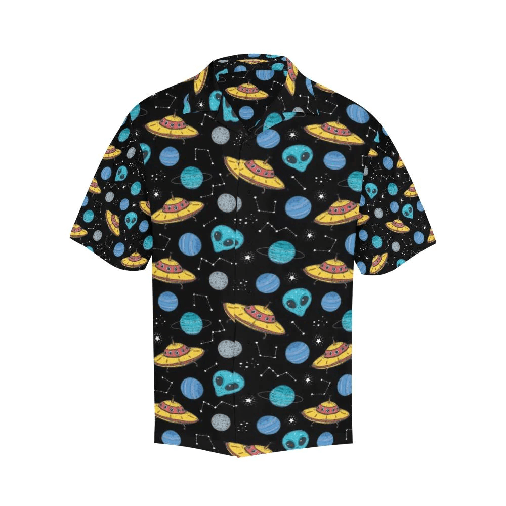 Ufo Alien Hawaii Shirt Yellow Ufo Blue Alien Blue Planet Pattern Hawaiian Shirt Ufo Aloha Shirt