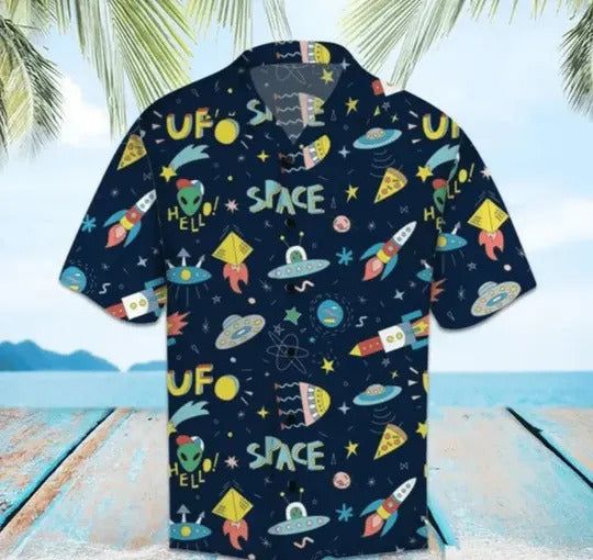 Ufo Hawaii Shirt Ufo In Space Pattern Black Hawaiian Aloha Shirt