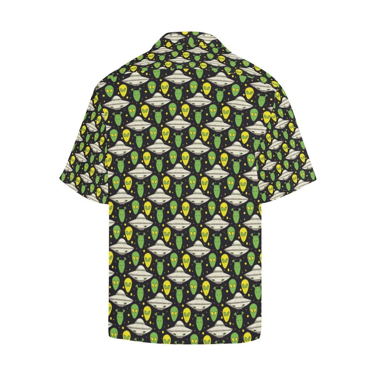 Ufo Hawaiian Shirt Green Yellow Aliens White Ufo Pattern Hawaii Aloha Shirt