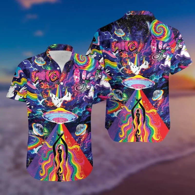 Ufo Hawaiian Shirt Ufo Hipie Style Love Multicolor Hawaii Shirt Ufo Aloha Shirt