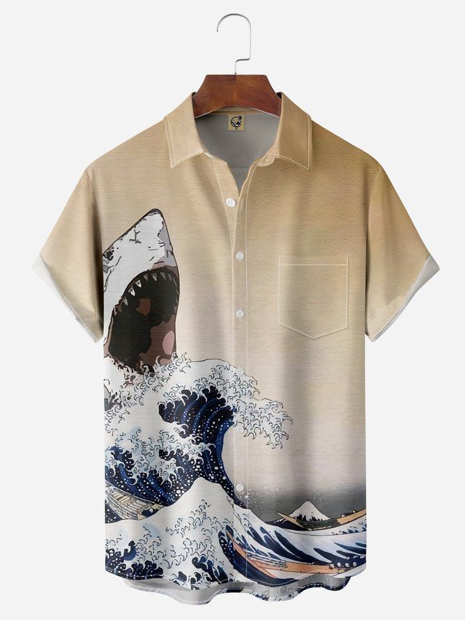 Ukiyo-E Shark Chest Pocket Short Sleeve Hawaiian Shirt Ukiyo-E Shark Chest Pocket Short Sleeve Hawaiian Shirt