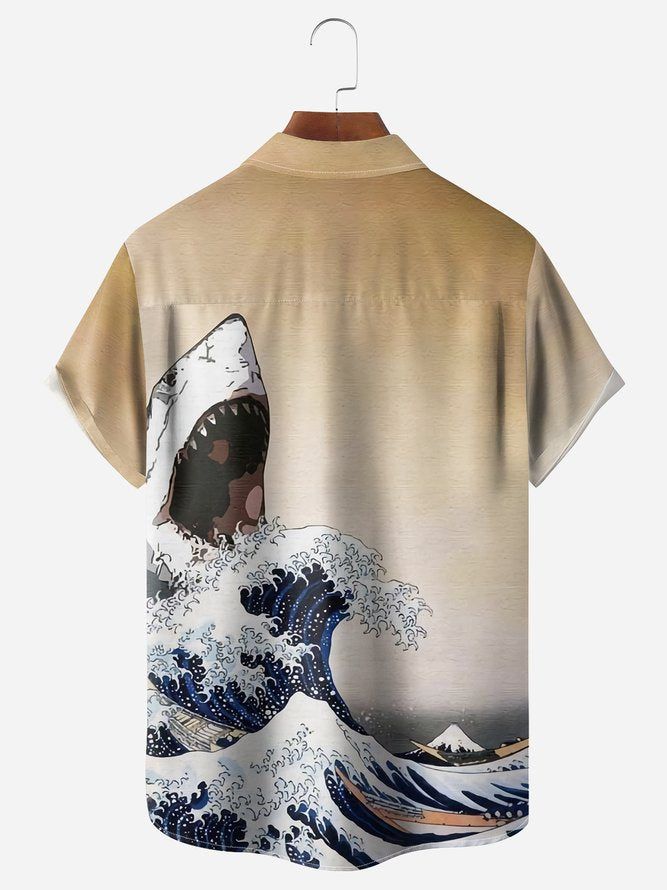 Ukiyo-E Shark Chest Pocket Short Sleeve Hawaiian Shirt