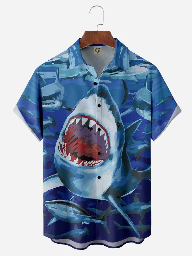 Underwater Encounter: Shark Chest Pocket Hawaiian Shirt Underwater Encounter: Shark Chest Pocket Hawaiian Shirt
