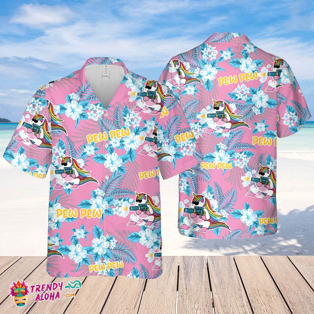 Unicon Pew Pew Hawaiian Flowers Pattern Hawaiian Shirt, Unicon Pew Pew Hawaiian Shirt, Flowers Shirt