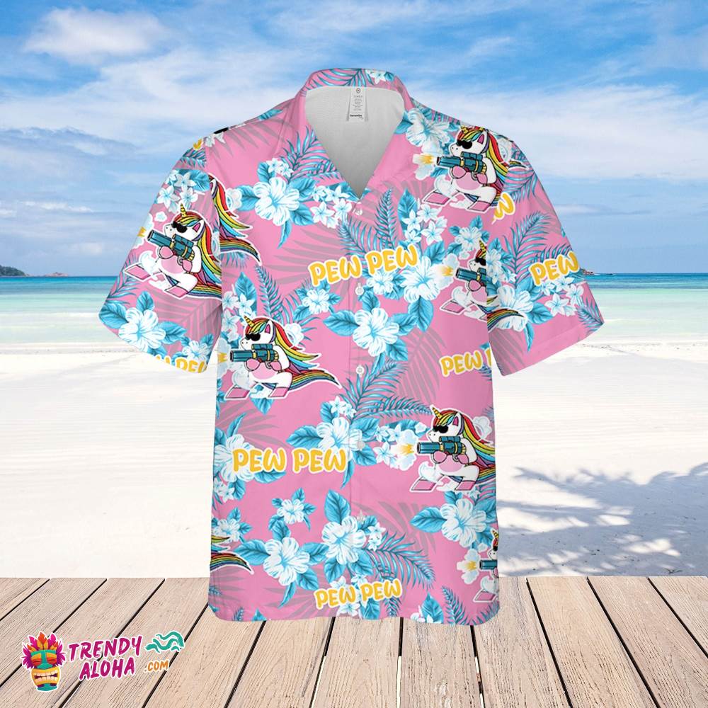 Unicon Pew Pew Hawaiian Flowers Pattern Hawaiian Shirt, Unicon Pew Pew Hawaiian Shirt, Flowers Shirt