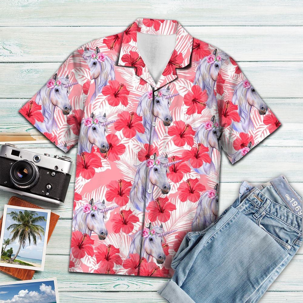 Unicorn Tropical Flowers Hibiscus Trendy Hawaiian Shirt, Unicorn Lover Trendy Hawaiian Shirt For Summer Gifts