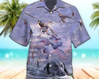 Unisex 3D Aloha Duck Hunting Purple Style Trendy Hawaiian Shirt For Men, Aloha Trendy Hawaiian Shirt Short Sleeve Hawaiian