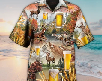 Unisex 3D Beer And Hunting Deer Autumn Mountain Trendy Hawaiian Shirt For Men, Aloha Trendy Hawaiian Shirt Short Sleeve Hawaiian