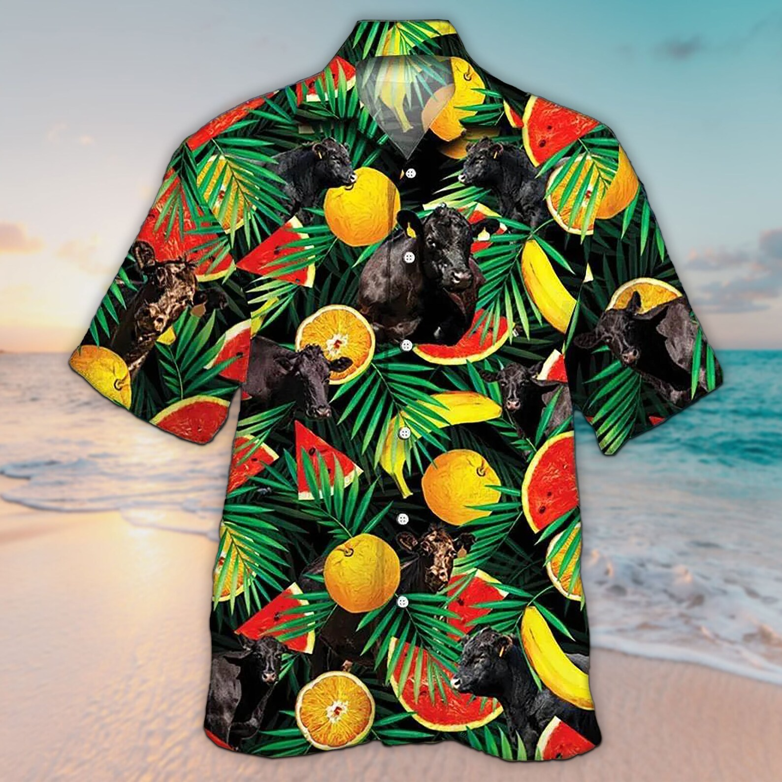 Unisex 3D Black Angus Cattle Tropical Fruits Trendy Hawaiian Shirt For Men, Aloha Trendy Hawaiian Shirt Short Sleeve Hawaiian
