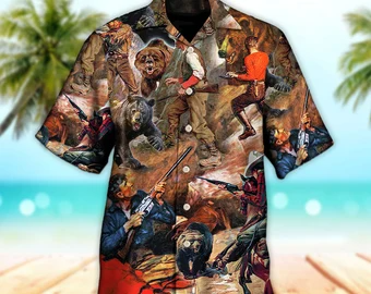 Unisex 3D Hunting Bear Cow Boy Cool Art Style Trendy Hawaiian Shirt For Men, Aloha Trendy Hawaiian Shirt Short Sleeve Hawaiian