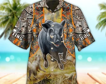 Unisex 3D Hunting Hog Hunting Camo Trendy Hawaiian Shirt For Men, Aloha Trendy Hawaiian Shirt Short Sleeve Hawaiian