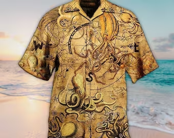 Unisex 3D Octopus Hunting Treasure Vintage Edition Trendy Hawaiian Shirt For Men, Aloha Trendy Hawaiian Shirt Short Sleeve Hawaiian