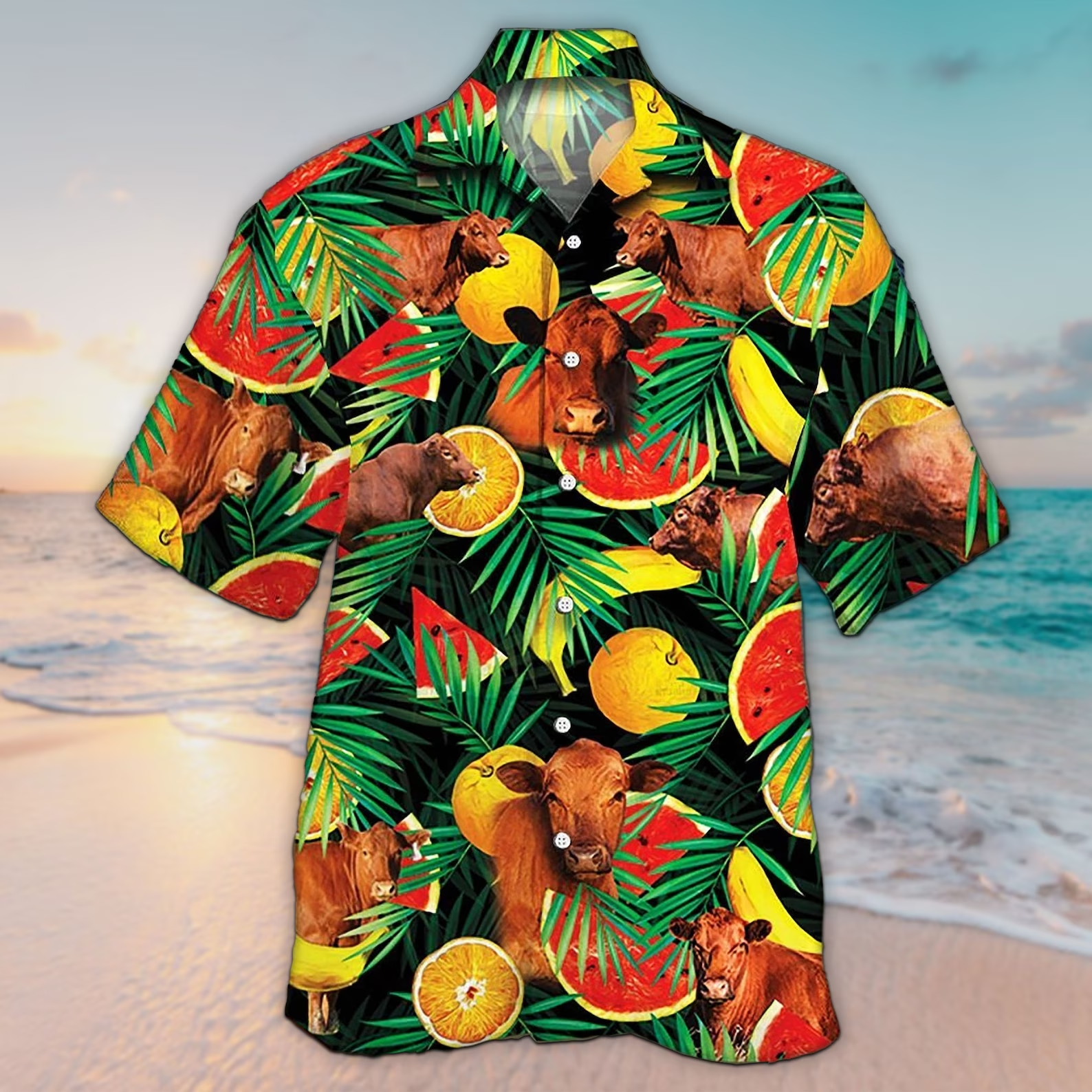 Unisex 3D Red Angus Cattle Lovers Tropical Fruits Trendy Hawaiian Shirt For Men, Aloha Trendy Hawaiian Shirt Short Sleeve Hawaiian