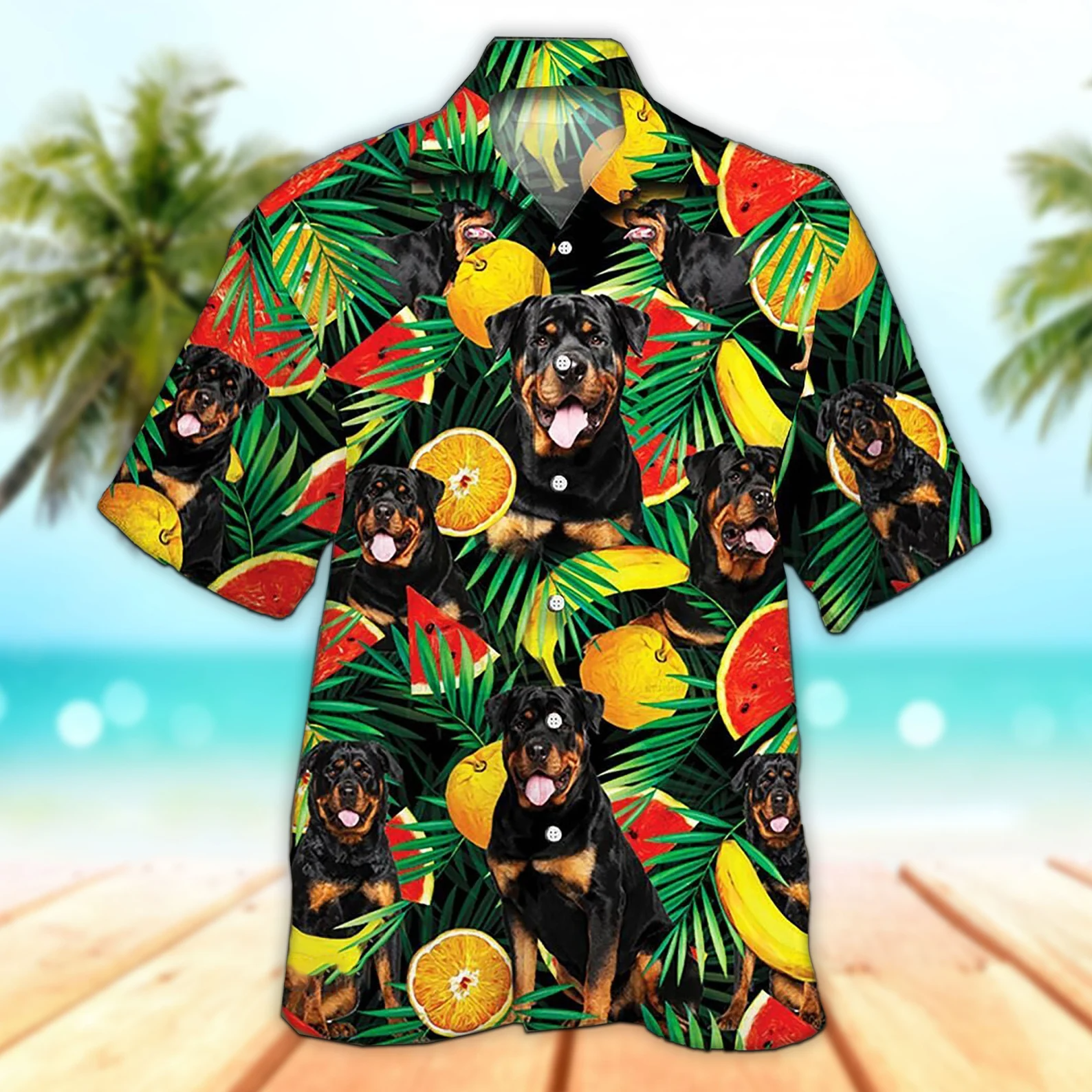 Unisex 3D Rottweiler Dog Lovers Tropical Fruit Trendy Hawaiian Shirt For Men, Aloha Trendy Hawaiian Shirt Short Sleeve Hawaiian