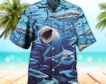 Unisex 3D Shark Family Hunting Together Trendy Hawaiian Shirt For Men, Aloha Trendy Hawaiian Shirt Short Sleeve Hawaiian