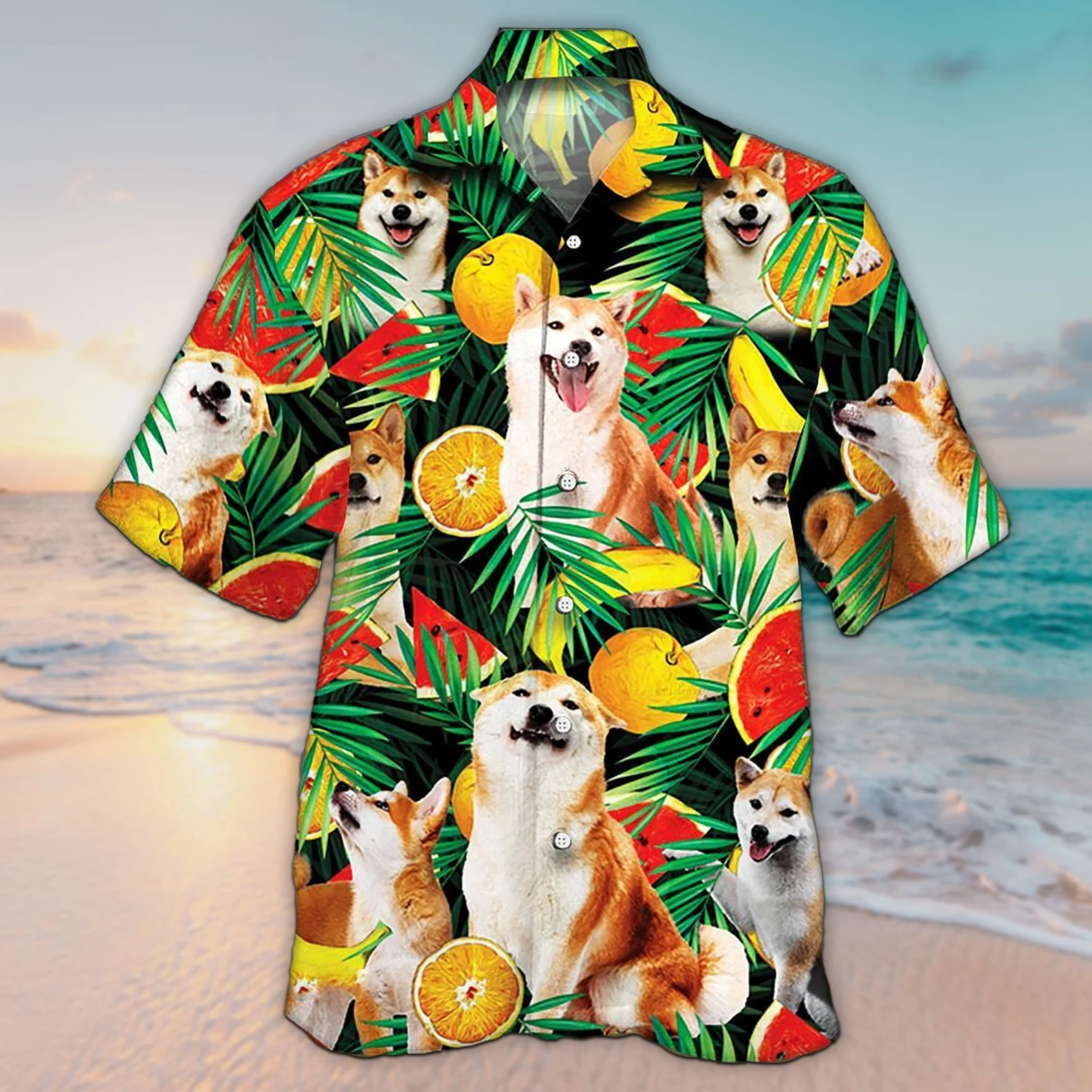 Unisex 3D Shiba Inu Dog Lovers Tropical Fruits Trendy Hawaiian Shirt For Men, Aloha Trendy Hawaiian Shirt Short Sleeve Hawaiian