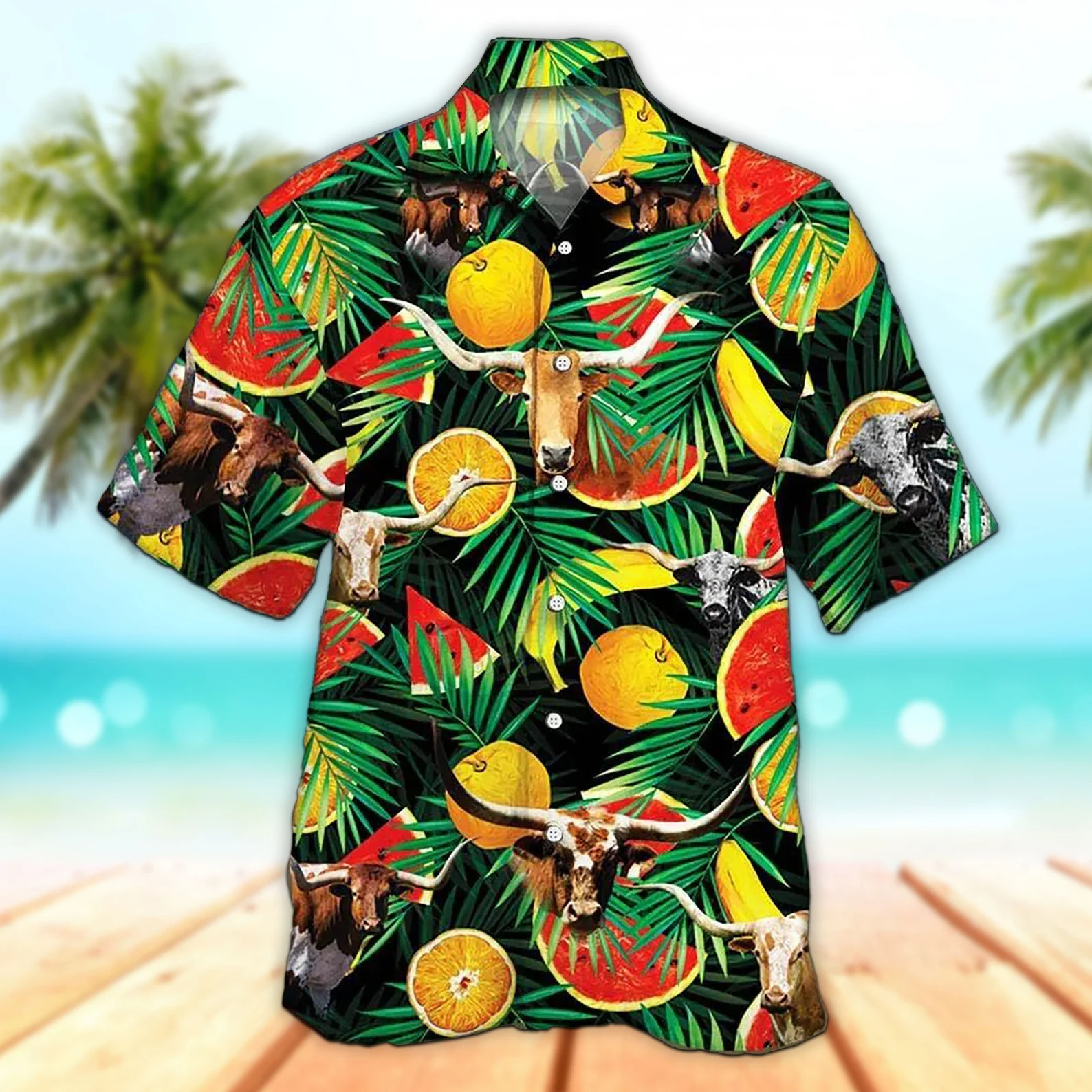 Unisex 3D Texas Longhorn Cattle Tropical Fruits Trendy Hawaiian Shirt For Men, Aloha Trendy Hawaiian Shirt Short Sleeve Hawaiian