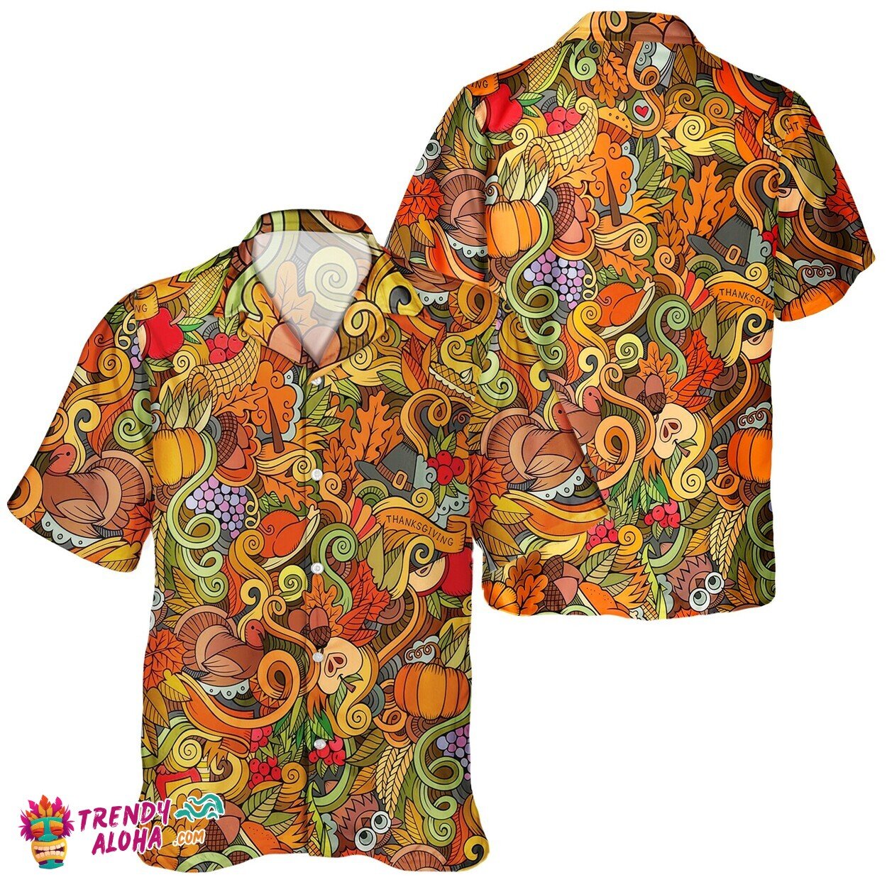 Unisex Autumn Pumpkin & Turkey Pattern Thanksgiving Aloha Shirt