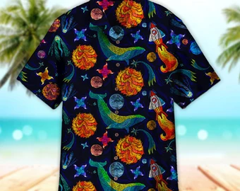 Unisex Blue Whale In The Universe Trendy Hawaiian Shirt For Men & Women, Aloha Trendy Hawaiian Shirt Short Sleeve Hawaiian