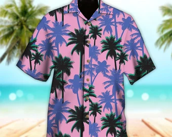 Unisex Green Purple Palm Tree Trendy Hawaiian Shirt Tropical Trendy Hawaiian Shirt, Aloha Trendy Hawaiian Shirt Short Sleeve Hawaiian