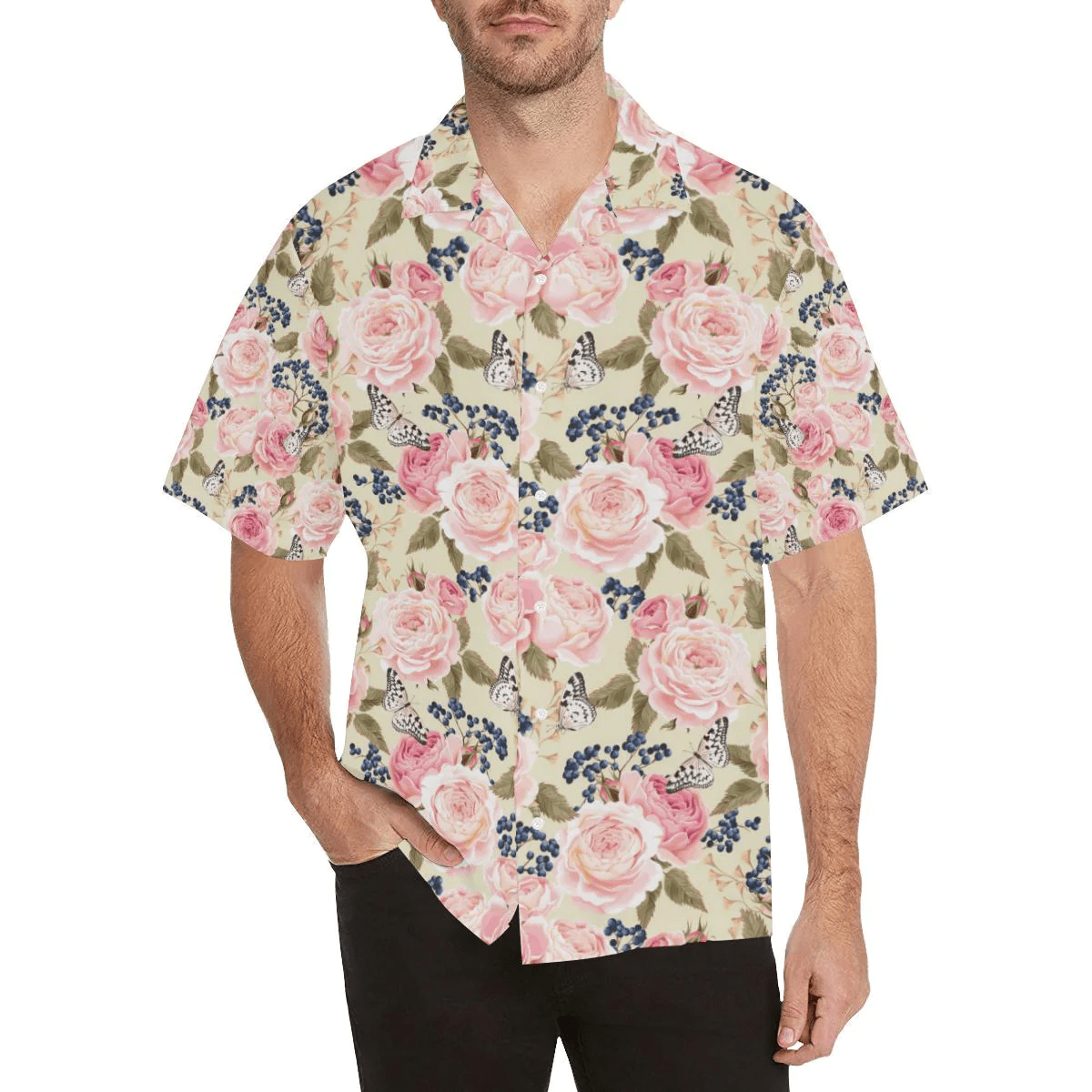 Unisex Hawaiian Shirt with Pink Floral Butterfly
