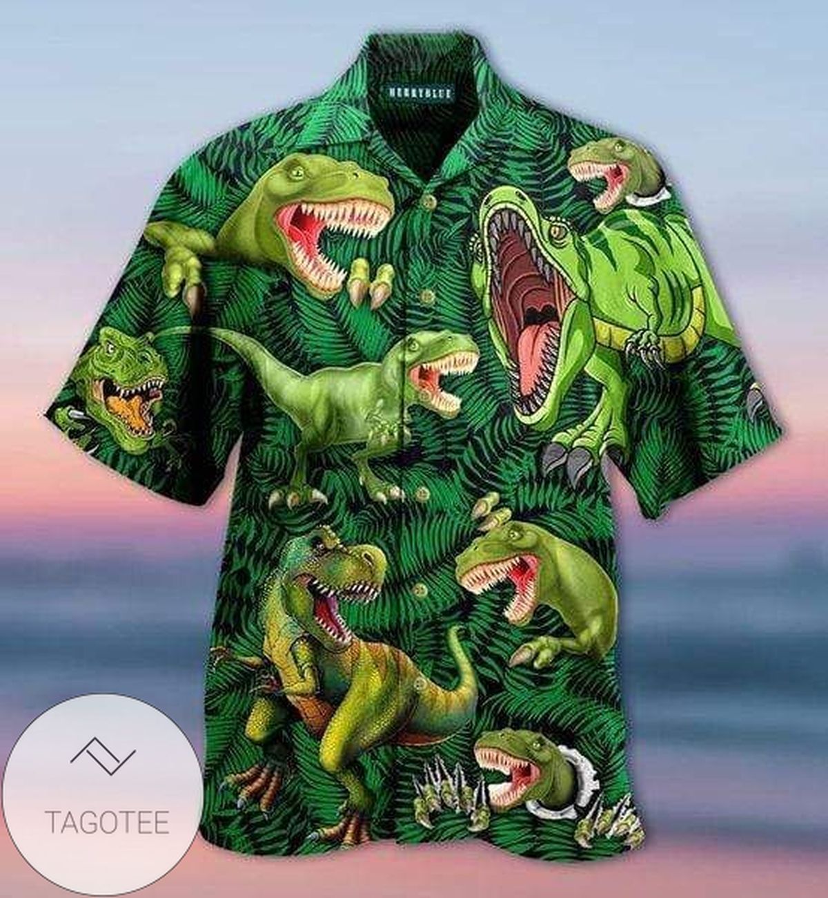 Unisex Hawaiian Shirt With Roaring Green T Rex Dinosaur Themed Design