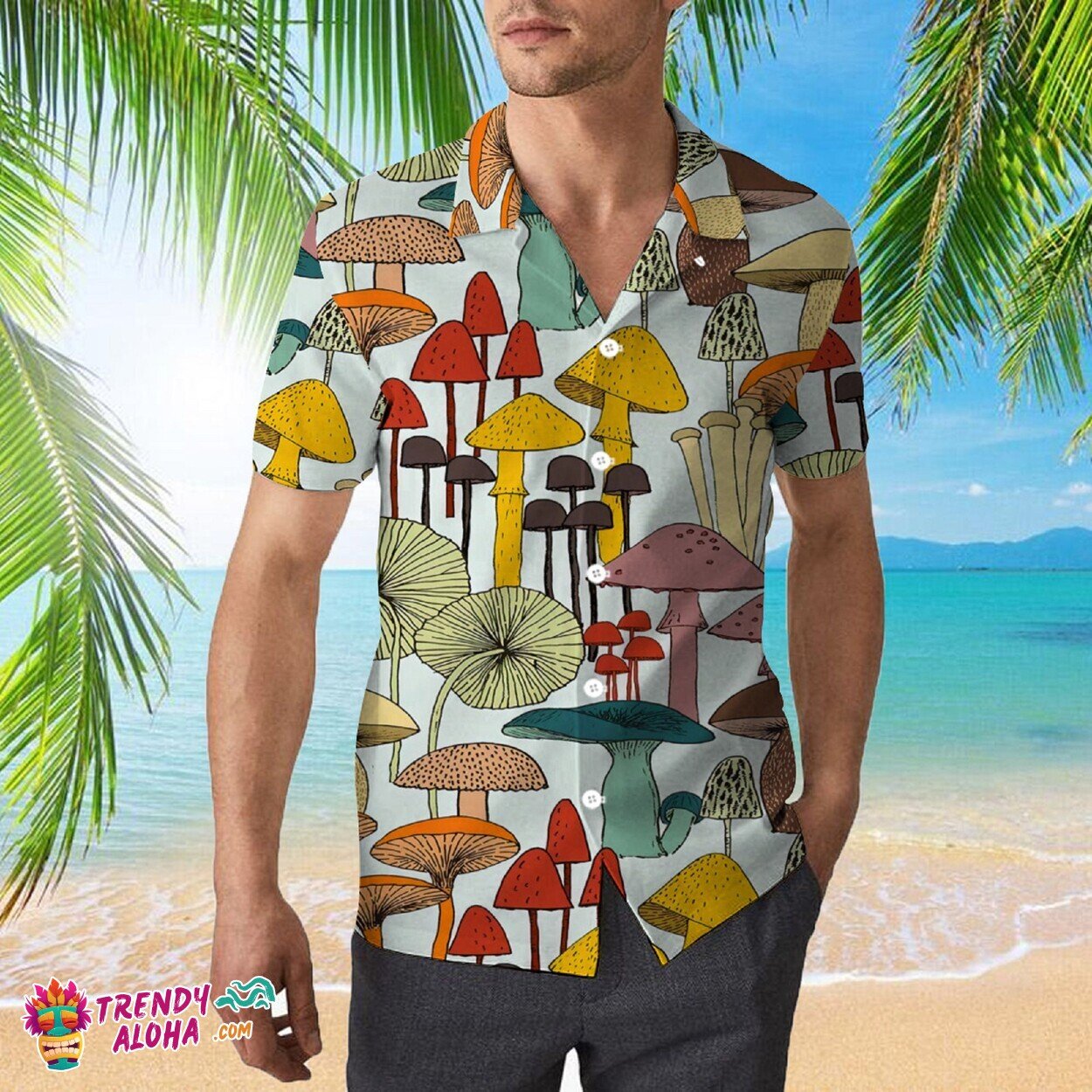 Unisex Hippie Colorful Mushroom Hawaiian Casual Beach Shirt