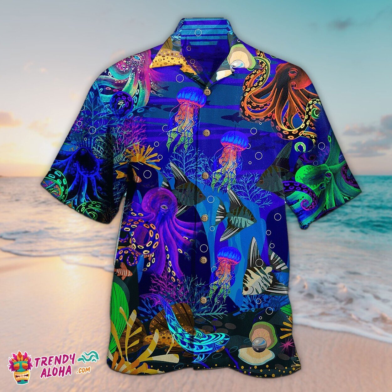Unisex Neon Octopus Aloha Hawaiian Shirt Vivid Short Sleeve Top