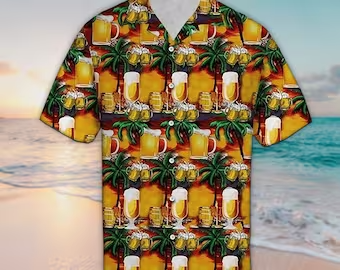 Unisex Palm & Beer Print Palm Tree Trendy Hawaiian Shirt Tropical Trendy Hawaiian Shirt, Aloha Trendy Hawaiian Shirt Short Sleeve Hawaiian