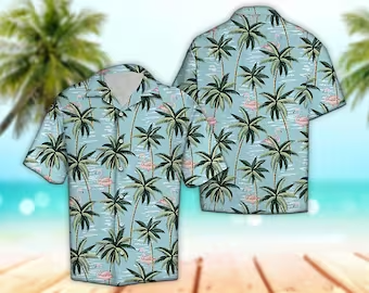 Unisex Palm Tree & Flamingo Trendy Hawaiian Shirt Tropical Trendy Hawaiian Shirt, Aloha Trendy Hawaiian Shirt Short Sleeve Hawaiian