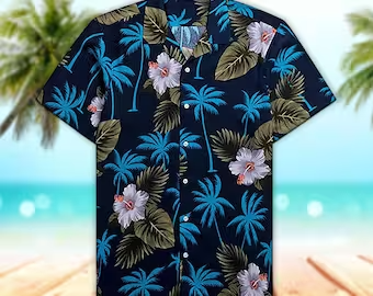 Unisex Palm Tree Navy Trendy Hawaiian Shirt Tropical Trendy Hawaiian Shirt, Aloha Trendy Hawaiian Shirt Short Sleeve Hawaiian