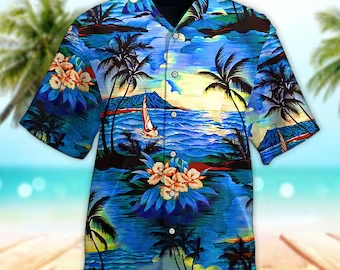 Unisex Palm Tree Sunrise Beach Trendy Hawaiian Shirt Tropical Trendy Hawaiian Shirt, Aloha Trendy Hawaiian Shirt Short Sleeve Hawaiian