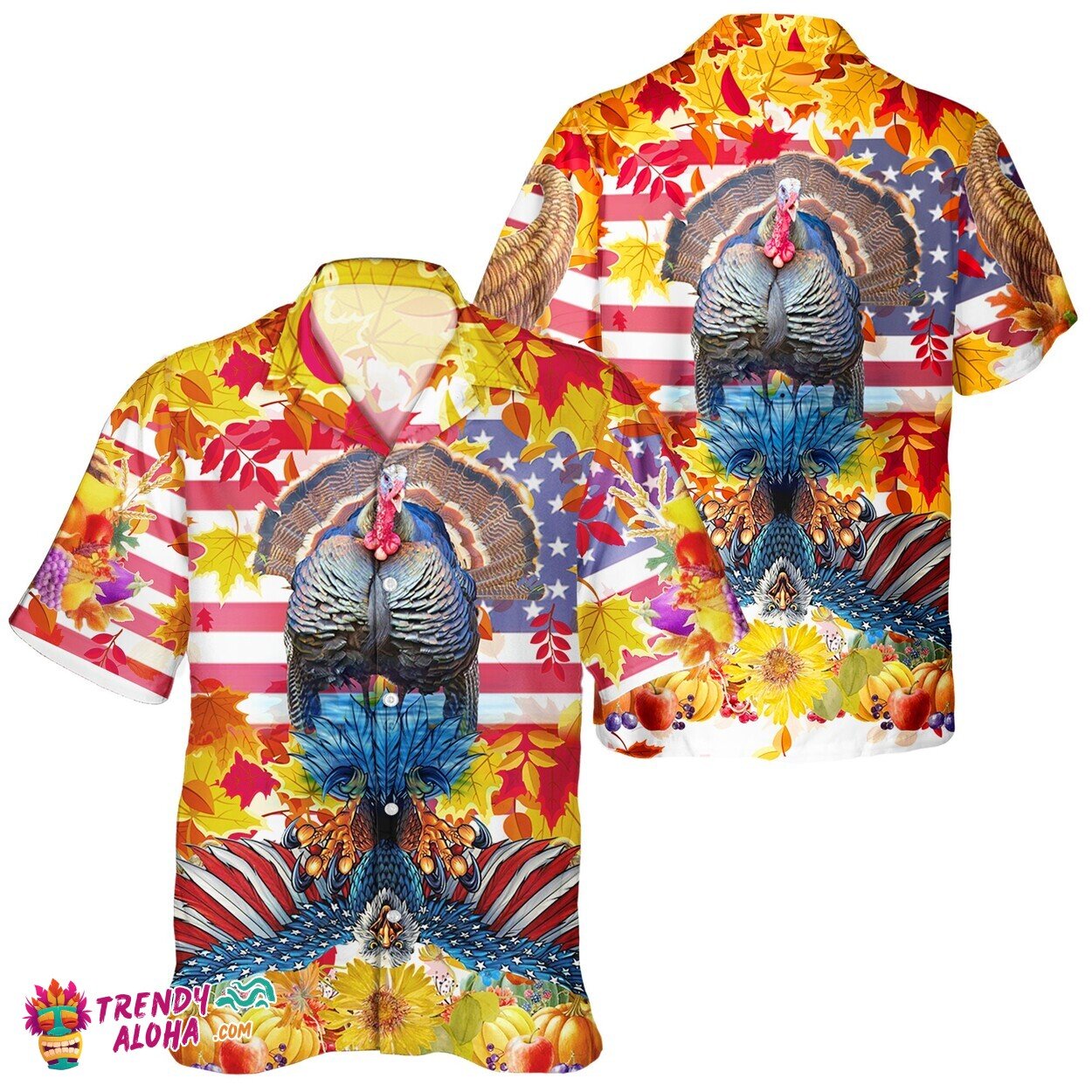 Unisex Thanksgiving American Flag Turkey Aloha Hawaiian Shirt