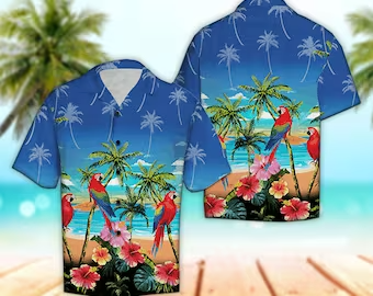 Unisex Tropical Flower Parrot Palm Tree Trendy Hawaiian Shirt Tropical Trendy Hawaiian Shirt, Aloha Trendy Hawaiian Shirt Short Sleeve Hawaiian